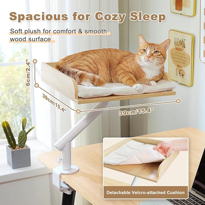 PAWZ Road Cat Desk Bed 360°Rotating Supports to 50 Lbs Cozy Nest for Desk | Wooden Desk Mount Cat Bed with Sturdy Clamp – Fits Desks & Tables, Padded Soft Nest for Cats, Holds Up to 50 lbs