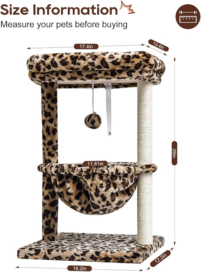 SYANDLVY Small Cat Tree for Indoor Cats, Cheetah Leopard Print Cat Tower | for Kitties, Unique Condo Furniture with Hammock & Sisal Scratching Posts