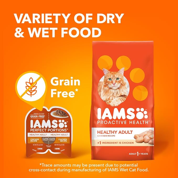 IAMS Perfect Portions Cuts in Gravy Wet Cat Food, Chicken, 24 Count | Grain-free, antioxidant Vitamin E for immunity, no artificial flavors or preservatives, 2.6 oz. twin-pack trays, made in USA
