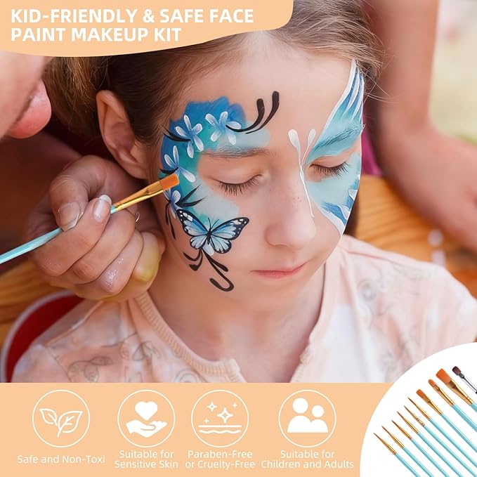 Face Painting Kit for Kids with Book,Stencils,Brushes,Non Toxic Water Activated Face Paint Palette For Halloween,Carnival,Party Costume Makeup Any Creative Activity with Kids (42 Colors)