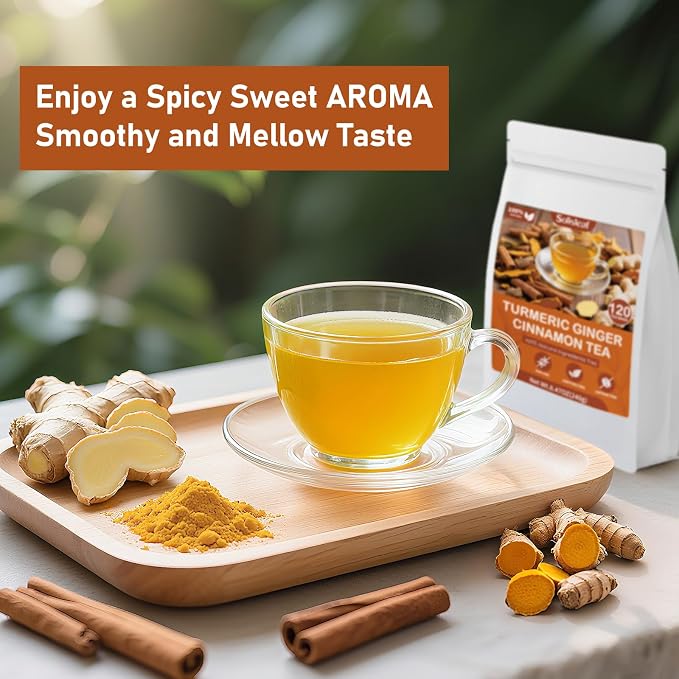 Turmeric Ginger Cinnamon Tea Bags, Pure Natural Ginger Turmeric Herbal Blend Tea with Cinnamon for Promoting Digestion, Boosts Immunity, Caffeine-Free, No Additives (60 Bags/1 Pack）