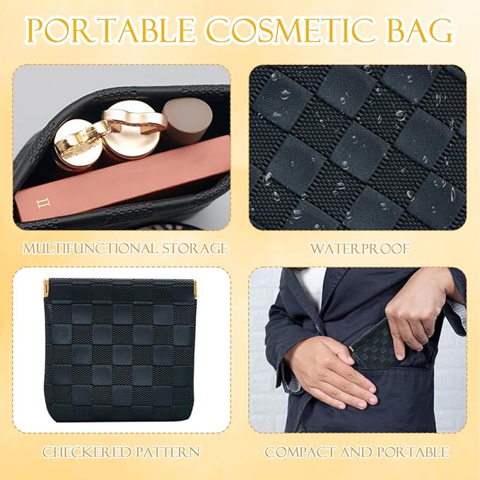 2 PCS Small Makeup Bag for Women, Small Pouches for Purse,Mini Checkered Cosmetic Bag Waterproof Pouch for Travel Storage bag, for Cosmetics Headphones Jewelry Cosmetic Lipstick Coins (Black, Beige)