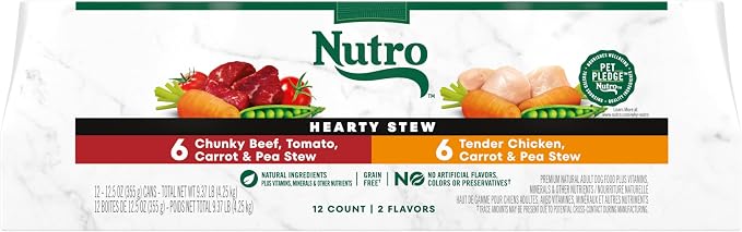 Nutro Hearty Stew Wet Dog Food, Chicken & Beef Pack, 12.5 oz, 12 Pack | Chicken & Beef variety, real meat #1 ingredient, no by-product meal/corn, wheat, soy, made in USA, canned dog food