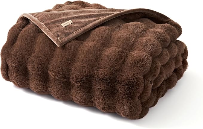 Faux Rabbit Fur Bubble Throw Blanket, 60"x80", Chestnut | Ultra Soft, Luxury Faux Rabbit Fur Throw, Thick Warm Bubble Blanket, Cozy Fluffy Reversible, for Bed, Couch, Chair, Sofa