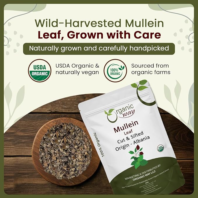 Organic Way Mullein Leaf | Herbal Tea (Verbascum Thapsus) Cut & Sifted - European Wild-Harvest | Organic & Kosher Certified | Non GMO & USDA Certified | Origin - Albania (1/2LBS / 8Oz)