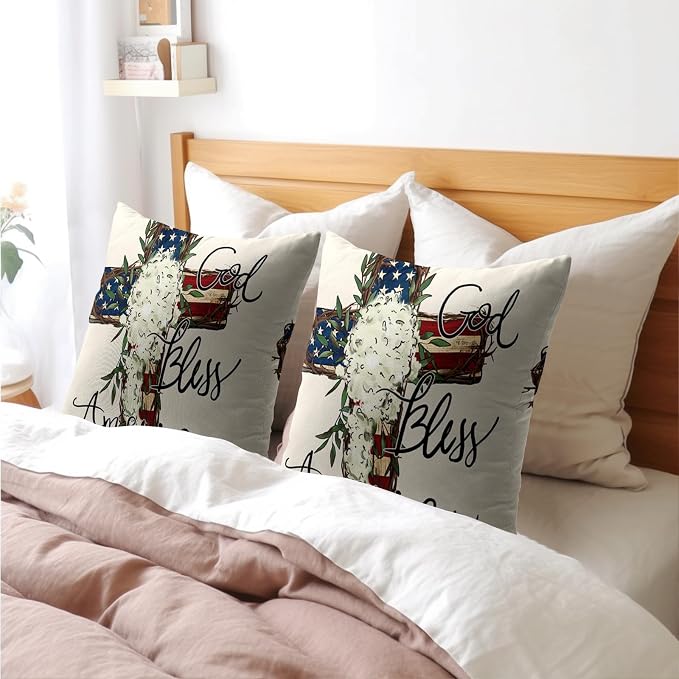 God Bless America Stars Stripes Pillow Covers 16X16 Inch Set of 2 4th of July Patriotic Floral Decorative Pillow Cases Independence Memorial Day Cushion Case Holiday Home Decor for Sofa Couch Bed