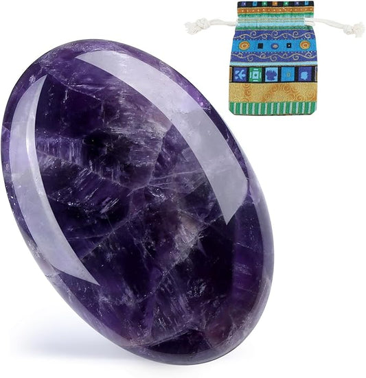 DUQGUHO Amethyst Crystal Stone 2.4'' Purple Palm Stone Natural Healing Crystal Gemstone Worry Stone Energy Balancing Polished Stones Blessing Gifts Boho Pocket Stone 1PCS