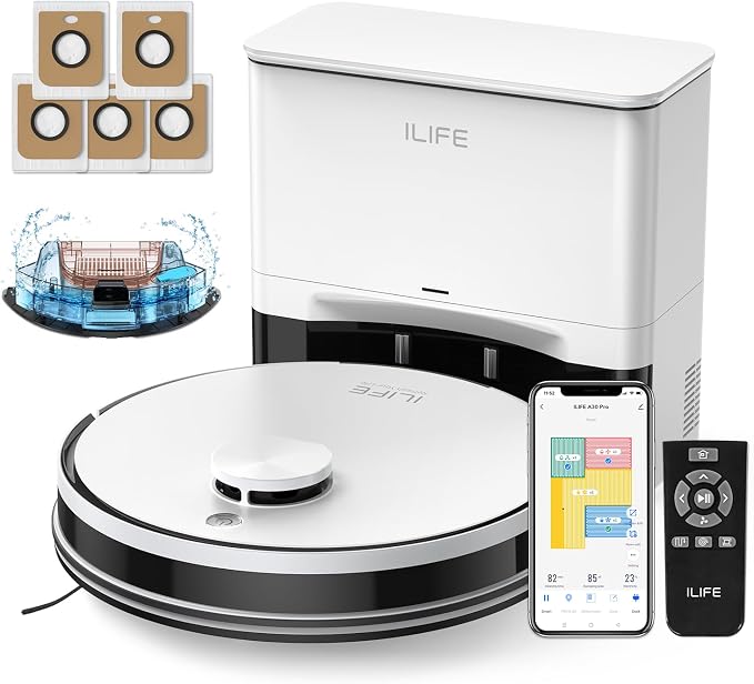 ILIFE A30 Pro Robot Vacuum and Mop,10000Pa Max Suction | 60 Days Self Emptying, LiDAR Navigation, 150 Mins, App, Remote & Voice Control, Ideal for Hard Floors, Carpet & Pet Hair