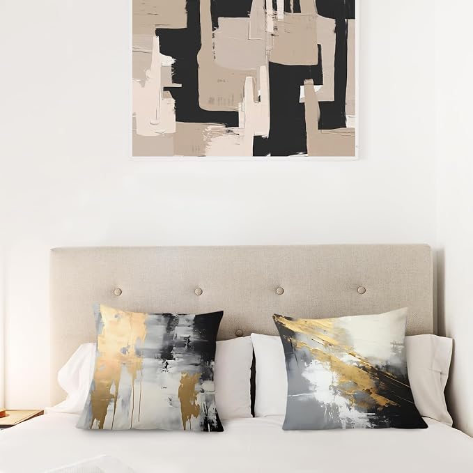 Black and Gold Pillow Covers, Decorative Pillow Covers for Couch Bed Living Room, Abstract White Black and Gold Pillow Covers 20x20 Set of 2