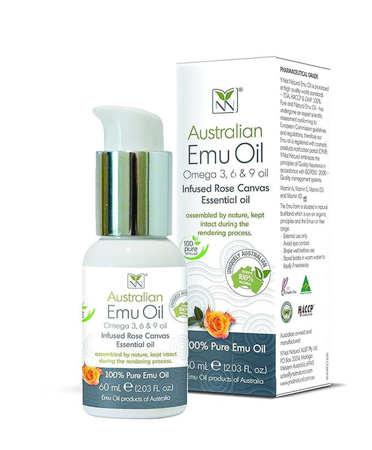 Y Not Natural Pure Emu Oil - Organic Moisture for Face, Body, Hair, Scalp & Nails - Rich in Omega 3-6-9, Vitamins & Essential Minerals - Australian Emu Oil (60ml) 2.03 fl oz - Rose Canvas