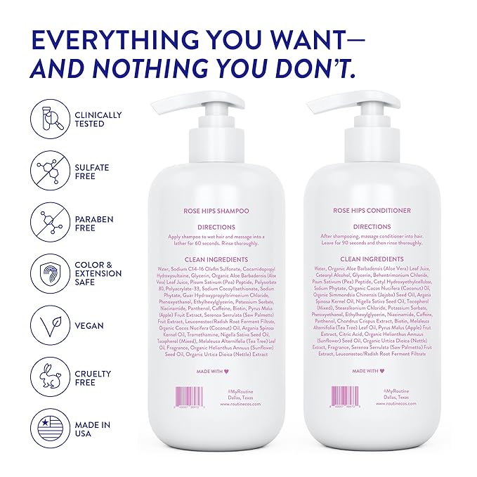 Routine Wellness Shampoo and Conditioner Set and Hair Serum for Thinning Hair - DHT Blocker Women & Men - Color Safe Shampoo for Hair Loss & Healthier Hair - Rose Hips Set + Serum
