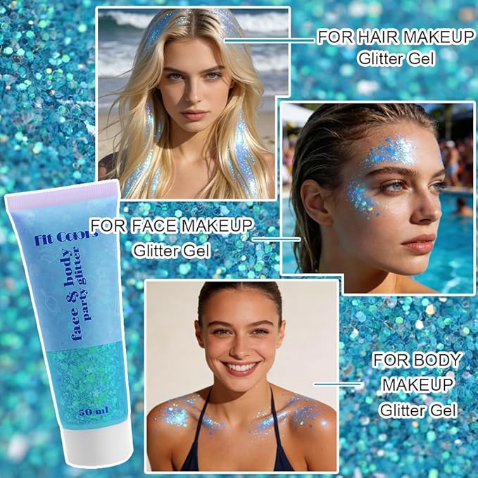 Light Blue Face Body Hair Glitter Gel for Women and Kids, Monochrome Holographic Mermaid Sequins Chunky Glitter Paint Makeup for Mardi Gras Halloween Festival Rave Outfits Accessories, 1.7oz, #10