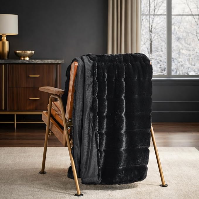 Cozy Bliss Deluxe Sheared Rabbit Faux Fur Throw Blanket, Soft Fuzzy High-Low Sculpted Plush Blanket for Couch, Cozy Home Accent, All Season Use, Black 50"x60"