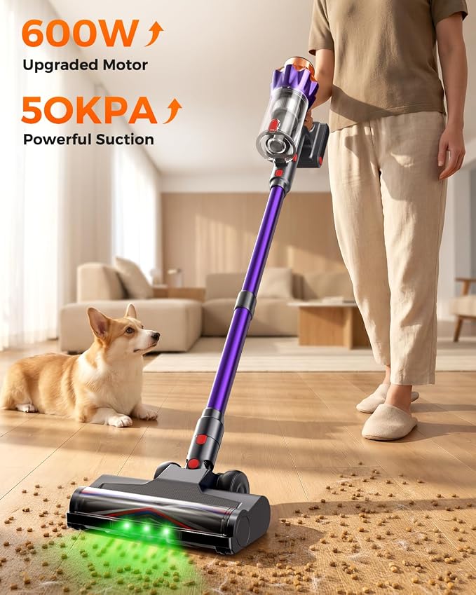 Cordless Vacuum Cleaner for Home, 600W/50KPa Powerful Suction, 60Mins Self-Standing Stick Vacuum with Anti-Tangle Brush & LED Display, Lightweight Handheld Vacuum for Pet Hair, Carpets & Hard Floors