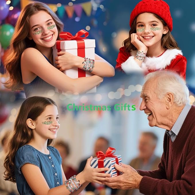 Go Ho Christmas Glitter Gel and Bracelets Kit, 6PCS Red White Green Beaded Bracelets with Face Glitter Makeup for Body & Hair, Fun Christmas Gifts for Women and Teens