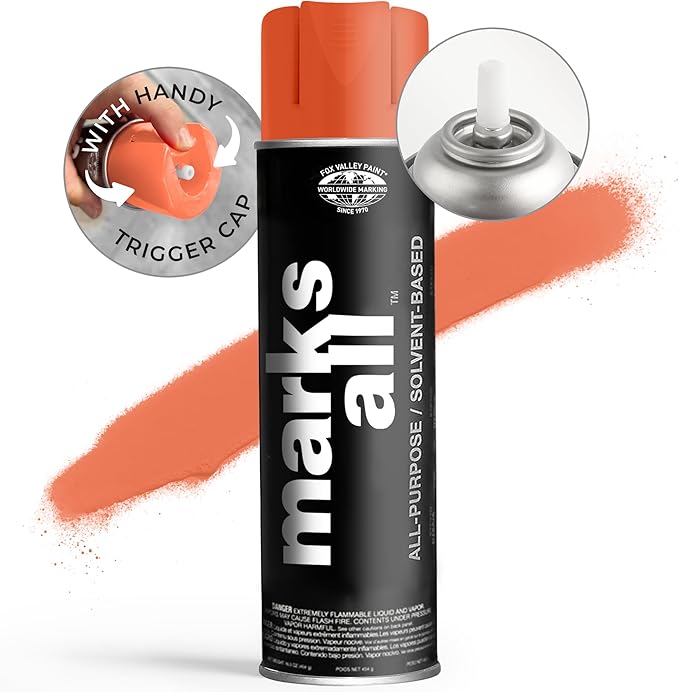 Fox Valley 18oz Marks All Solvent-Based Marking Paint Spray, 12-Pack Orange Fluorescent – Long-Lasting, Weather-Resistant Spray Paint for Wet or Dry Surfaces Like Metal, Grass, Concrete, Wood, & More