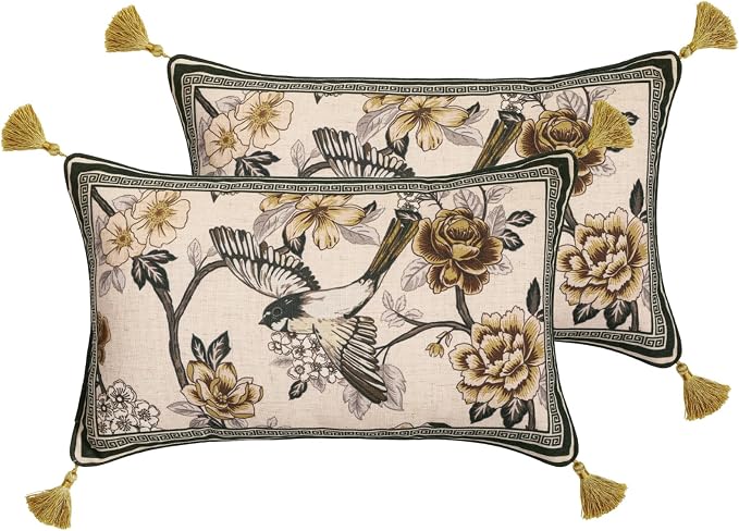 Vintage Linen Rectangle Throw Pillow Cover,Set of 2,20"x12"-Murad A | Designer French Decor Pillow Cover,Concealed Zipper Design,Floral and Bird Pattern,Sofa,Bedroom,Living Room,Lounge Chairs