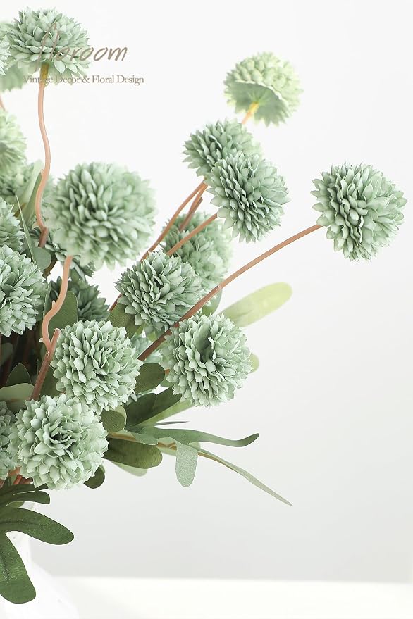 5pcs Sage Green Faux Silk Mums Artificial Flowers, Bulk Fake Small Mini Chrysanthemums with Stems for DIY Wedding Centerpieces Floral Arrangements Vase Fillers Home Decorations