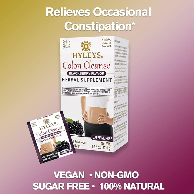 HYLEYS Colon Cleanse Tea, Blackberry Flavor - 150 Individually Wrapped Herbal Tea Bags (6 Pack of 25) - Caffeine Free, Vegan