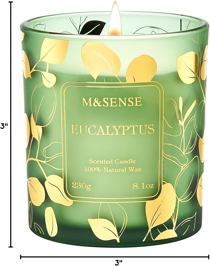 M&SENSE Eucalyptus Soy Candle, 8.1oz Gilded Glass, Spa Calming Aromatherapy | 42H Slow Burn, Fresh Bathtub Home Fragrance, Non-Toxic, Warmer Lamp Safe, Reusable Spa Jar, Sensitive-Nose Friendly