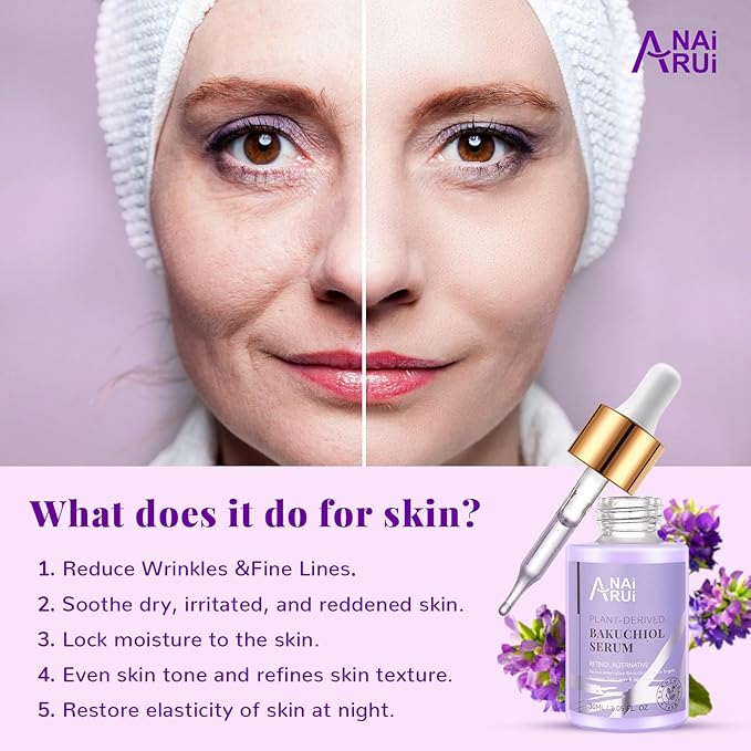 ANAI RUI Bakuchiol Face Serum for Face, Bakuchiol Retinol Alternative Serum,Smoothing Serum with Hyaluronic Acid & Peptide Sensitive Skin Serum, Anti Aging & Wrinkle Serum, 1Fl.Oz