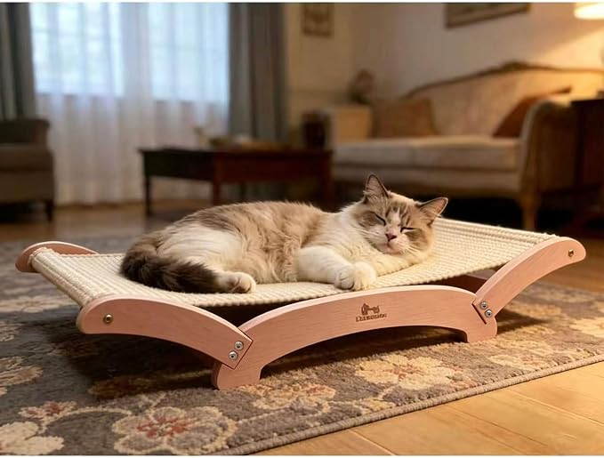 Extra-Large Sisal Cat Scratcher Bed for Indoor Cats, Cat Scratching Post with Hammock Nartural Sisal Scratch Pad for Large Cats Scratcher Lounge Chair, Wooden Cat Furniture (Nartural)