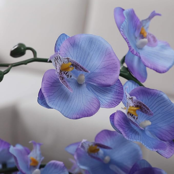 15" Silk Phalaenopsis Orchid in Square Pot, Purple Blue Flower Arrangements | Lifelike Faux Potted Blooms with Moss in a Ceramic Planter. Looks Real, Zero Upkeep, Ideal Centerpiece for Any Table