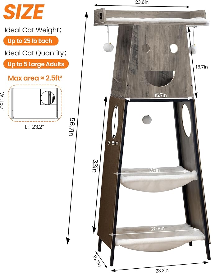 56in Modern Wood Cat Tree Tower for Indoor Cats with Hammock | Multi-Level Climbing Design, 2 Spacious Hammocks, Top Perch, Cat Condo, Scratching Boards, Ideal for Multi-Cat Homes,Greige