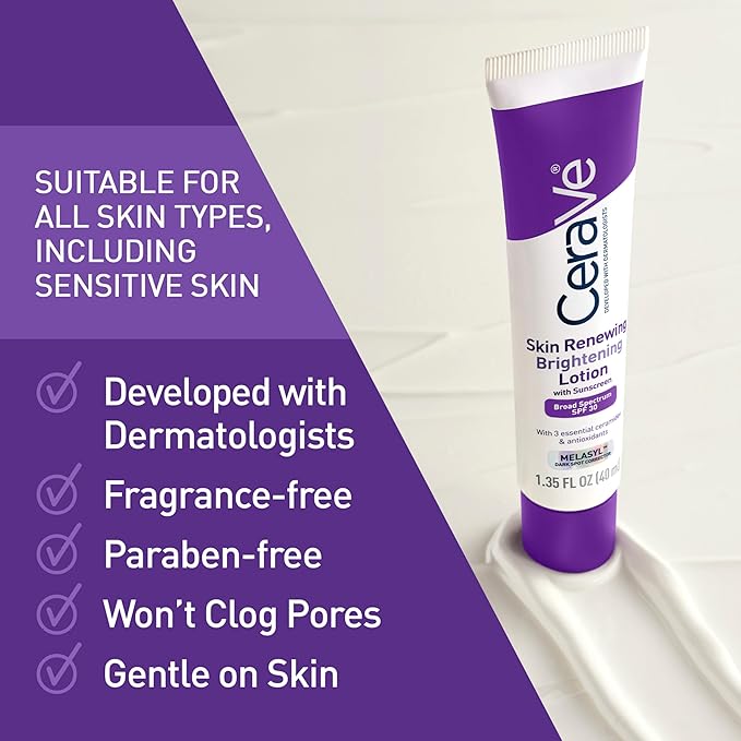 CeraVe Skin Renewing Brightening Lotion SPF 30, Anti Aging Facial Moisturizer Hydrates, Brightens and Evens Skin Tone, Contains Ceramides + Niacinamide + Antioxidants, Fragrance-Free, 1.35 fl oz
