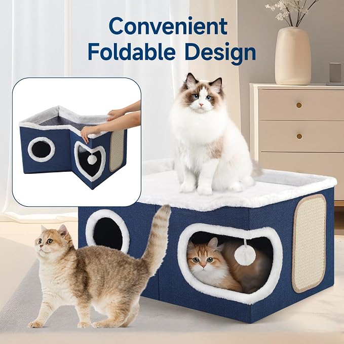 Shikha Extra Large Cat House Bed for Multi Cats with Scratch Pad Blue | 24 x 17.7 x 12.6 IN Widen Cat Cave Cube for Multi Pets, Foldable, Arc-Edge Design, Oval Door, All Seasons Reversible Cushion