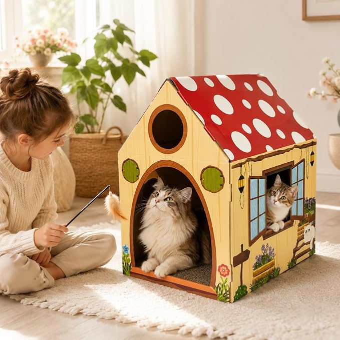 Cinrobiye Cardboard Cat House with Scratcher, Indoor Cat Condo Cat Cave Hideout with Scratch Pad, Cardboard Cat Playhouse Bed for Cats, Kittens, Rabbits & Small Pets (Mushroom)