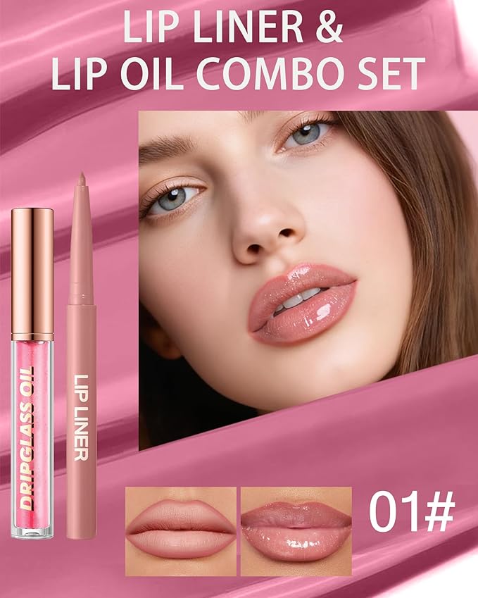 Matte Nude Pink Lip Liner Lipstick&Hydrating Glitter Lip Oil Combo Set,Moisturizing Plumping Lips Gloss&Smooth Lipliner Liquid Lipstick Long Lasting,2 in 1 Women Tinted Liptint Stain Balm Makeup-01