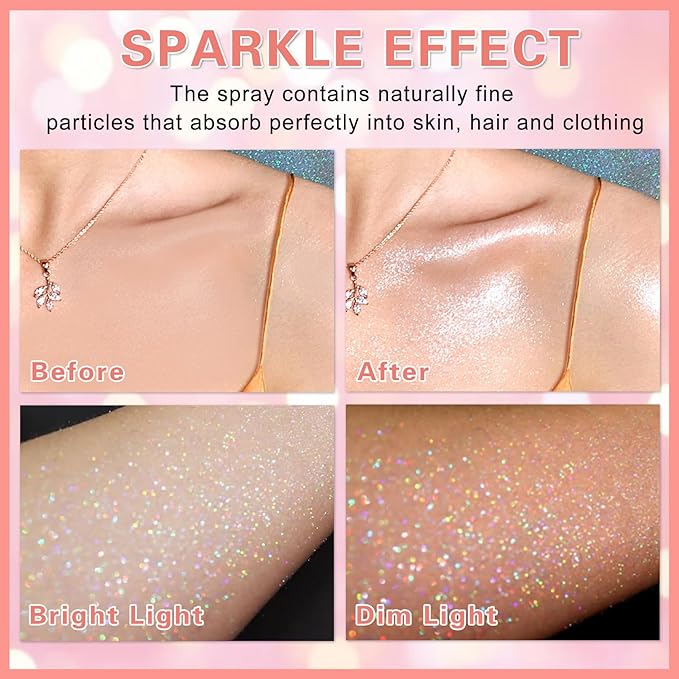 DAMUSI Body Glitter Spray, Shiny Hair and Body Glitter Spray for Clothes, Holographic Glitter Hairspray Quick-Drying Lasting Shimmer Highlighter Powder for Festival Concert Party Rave Prom 2.11 Fl Oz