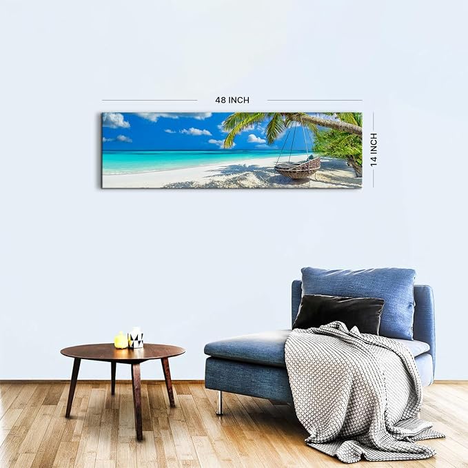Nature Coastal Scenery Wall Art Tropical Ocean Wall Decor Seascape Coconut Trees on Sands Beach Canvas Picture Photo Nautical Bathroom Painting Blue Sea Coastline Poster Artwork Decorations 14x48”