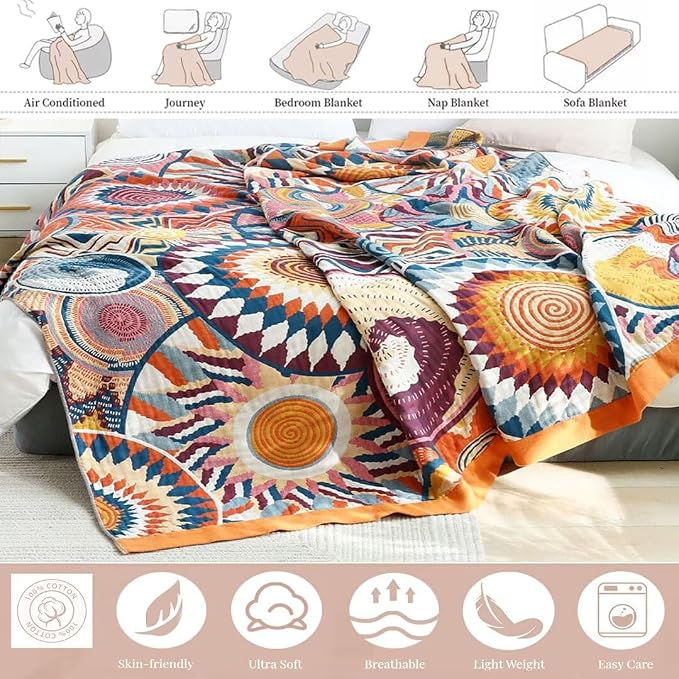 Boho Throw Blanket for Bed 100% Cotton Bohemian Blankets Ultra Soft Woven Muslin Decorative Blankets All Seasons Vintage Quilt Knitted Blanket for Sofa Chair (Colorful, 50"x60")