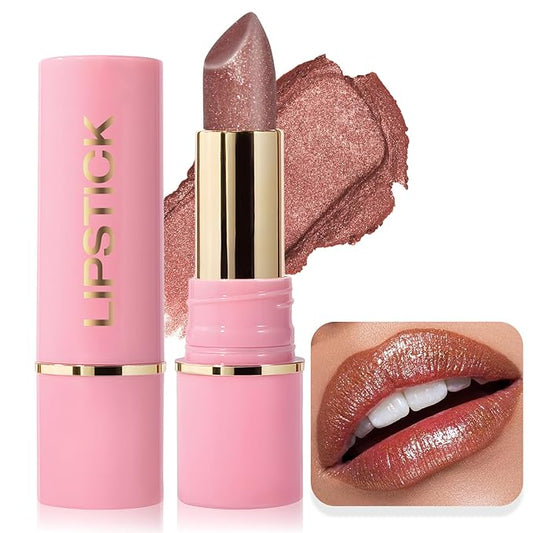 Glitter Lipstick Metallic Lip Stick Long Lasting Waterproof High Shine Diamond Creamy Shimmer Lipstick for Women Transfer Proof Full Coverage Sparkling Brown Red Lip Crayon Color Makeup, 8