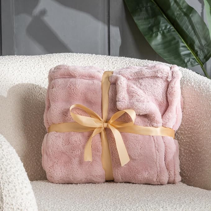 Pink Faux Fur Throw Blanket for Couch, Soft Fluffy Bubble Blanket for Bed Sofa, Thick Warm Plush Fuzzy Rabbit Fur Blanket for Cute Home Decor, 50"X 60"