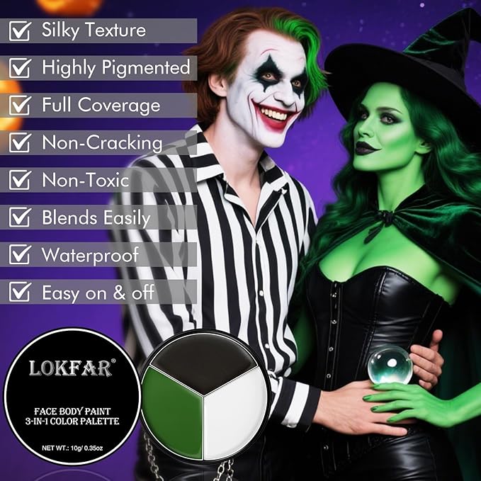 Black White Green Face & Body Paint - Blendable Facepaint Foundation with Sponge & Brush for Skin, Professional Halloween Face Make-up Kit for Grinch Shrek Alien Frankenstein Wicked Witch Costume