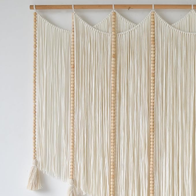 Jakalin Macrame Wall Hanging White Beads Yarn Art Boho Home Decor 57"x43" | Boho Wall Decor for Living Room,Bedroom,Nursery,Handwoven Tassel,Macrame Wall Art Cotton Craftsmanship Texture Wall Decor