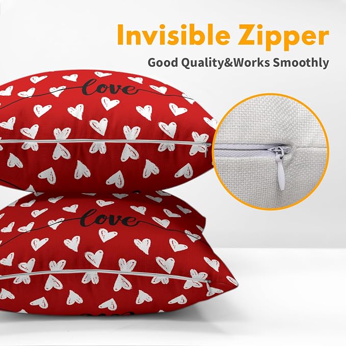 Kawani Valentine's Day Throw Pillow Covers 16x16 Inch Set of 2 Romantic Love Hearts Red Pillowcase Cotton Linen Couch Cushion Case with Hidden Zipper Closure for Wedding Anniversary Decor