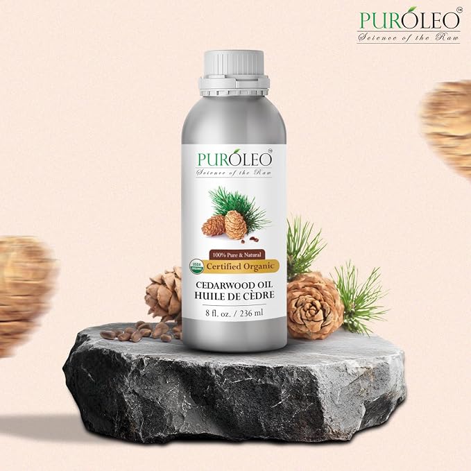 PUROLEO Organic Certified USDA Cedarwood Essential Oil 8 Fl Oz/236 ML (Packed in Canada) 100% Pure Natural Undiluted Oil for Aromatherapy, Massage, Diffuser, DIY Projects, Fragrance | Non-GMO Verified