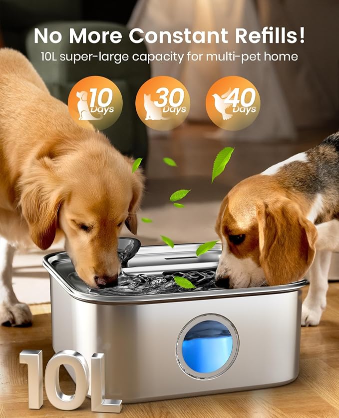 oneisall 10L/2.6Gal Dog Water Fountain for Large Dogs (with 2 Filters) | Deeper & Wider Drinking Area, Visualization Window & Triple Filtration,304 Stainless Steel Dog Water Bowl Dispenser