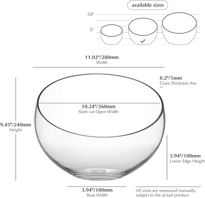 WGV Slant Cut Bowl Glass Vase Bulk, Width 11", Height 9.5", Clear Terrarium, Candy Dish, Fruit Jar, Floral Container for Wedding Party Event, Home Office Decor, 2 Pieces
