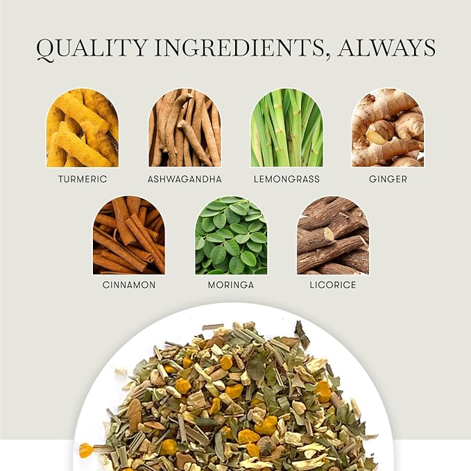 Luxmi Estates Ashwagandha Turmeric | Organic Adaptogen Tea with Ashwagandha, Turmeric, Ginger, Lemongrass, Licorice & Moringa, Caffeine-Free | 25 Biodegradable Tea Bags | 50g/1.76oz