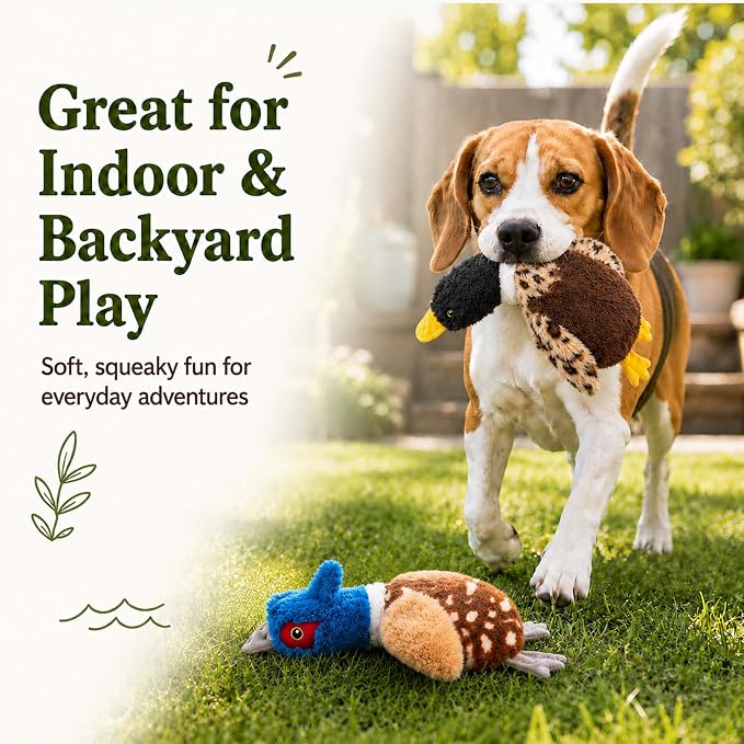 Duck Dog Toys, 2-Pack Stuffing-Free Squeaky Plush Bird Toys with 8 Total Squeakers, Hollow Body No-Stuffing Design for Small Medium Dogs