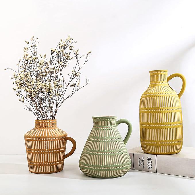 Boho Ceramic Vase Set of 3 for Living Room Bedroom Modern Yellow Brown Green Fake Flower Plant Vases for Home Decor Office Centerpieces Antique Retro Rustic Farmhouse Vintage Classic Gift