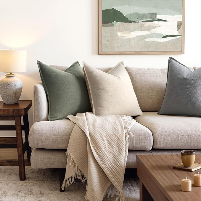 MIULEE Thick Textured Decorative Throw Pillow Covers 18x18 Inch Olive Green | Set of 2, Linen Blend Pillow Cover, Flange Edge Design, Farmhouse Modern Boho Style, Bed Couch Living Room Decor
