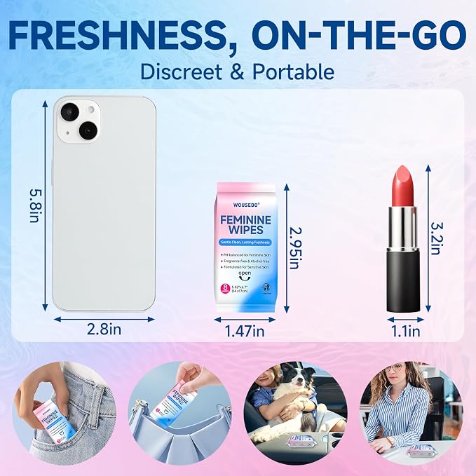Feminine Wipes for Women, Impossibly Compact Travel Mini Packs, pH Balanced Unscented Hypoallergenic Alcohol-Free, Period Friendly Private Care for Teens & Women - 8 Pack Total 64 Wipes