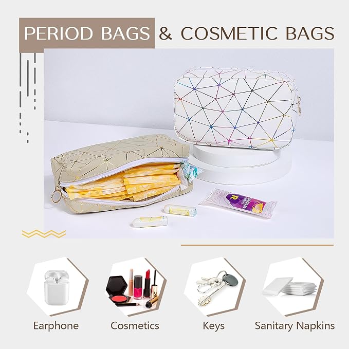 Likesing Period Bag for Girls Womens, Leather Sanitary Napkin Storage Bag, Portable Menstrual Pad Bag Period Pads Pouch (Beige Gold)
