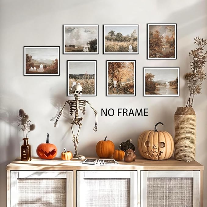 Mynotix Funny Halloween Poster Set of 7, Cute Ghost Country Landscape Wall Art, Vintage Haunted Forest Canvas Painting Print Pictures for Bedroom Living Room Dorm Unframed 8x10 inch